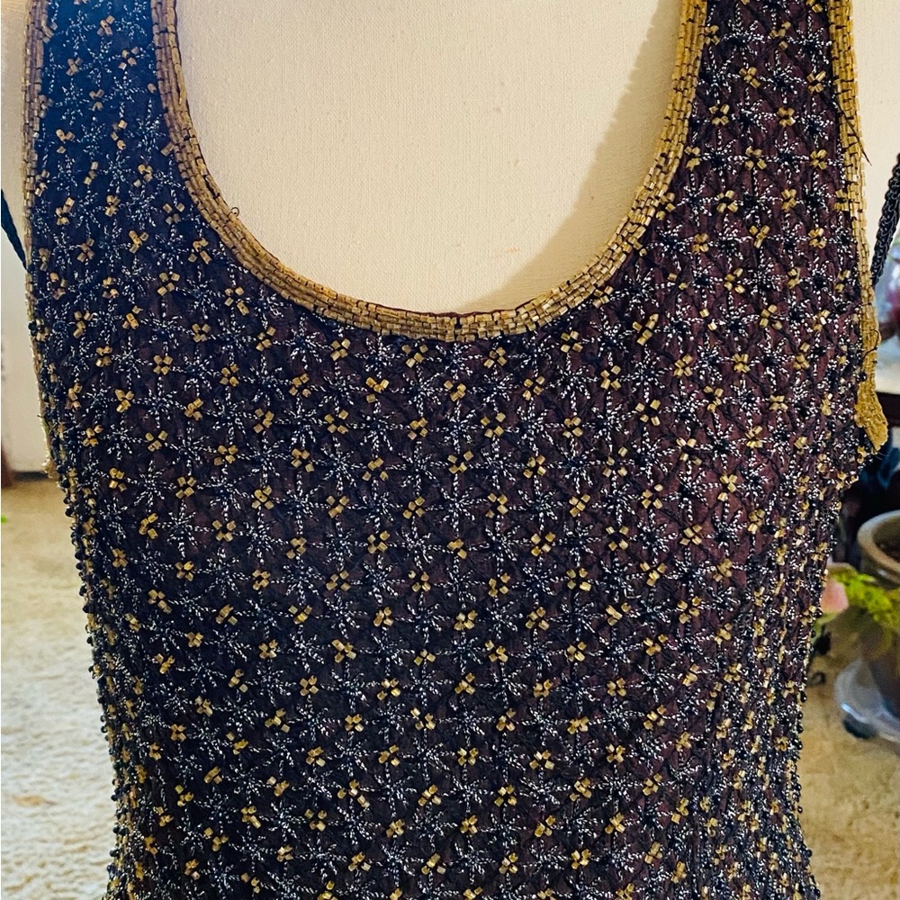 Adrianna Papell Three Piece Chocolate Brown Formal Gown with Gold Beaded Accents - Picture 11 of 16